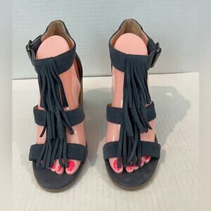 SOLE SOCIETY Women's Delilah Suede Leather Fringe Block Heel Sandal Shoes Blue 9